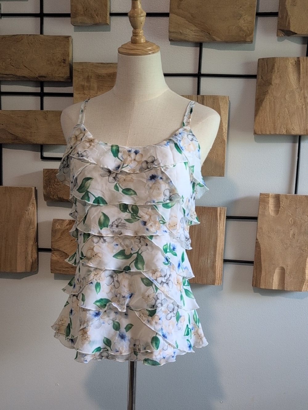 White House Black Market Floral Ruffle Camisole - White, Green, Blue